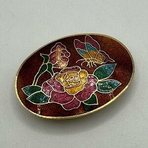 Vintage Cloisonné Floral Butterfly Oval Scarf Clip Gold Tone